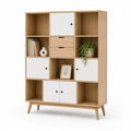 Bibliotheque de rangement rectangulaire 120 x 40 x 180 cm en panneaux de particules decor chene et blanc