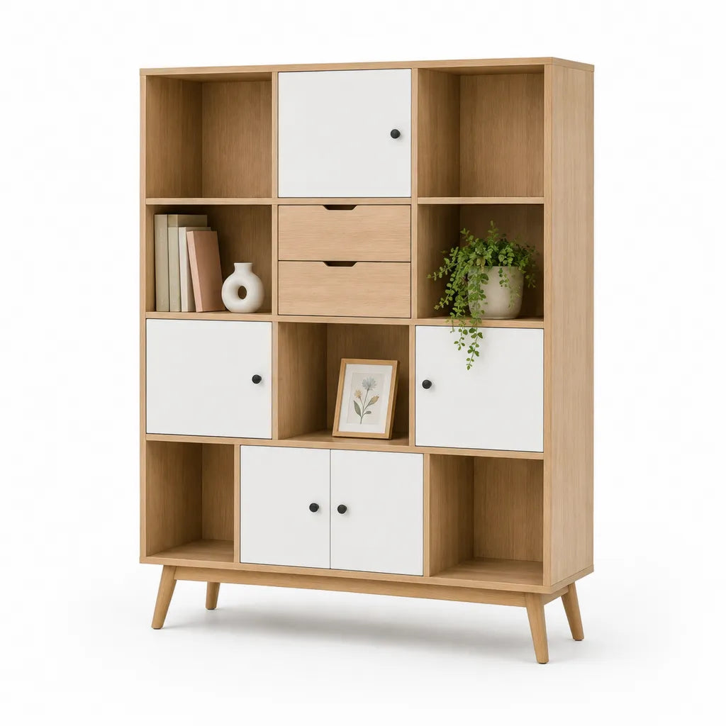 Bibliotheque de rangement rectangulaire 120 x 40 x 180 cm en panneaux de particules decor chene et blanc