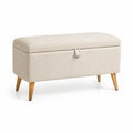 Banc coffre de rangement bout de lit rectangulaire 100 x 40 x 45 cm en polyester beige avec pieds en hevea