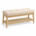 Banc de bout de lit capitonne avec etagere 100 x 40 x 45 cm en hetre massif beige naturel