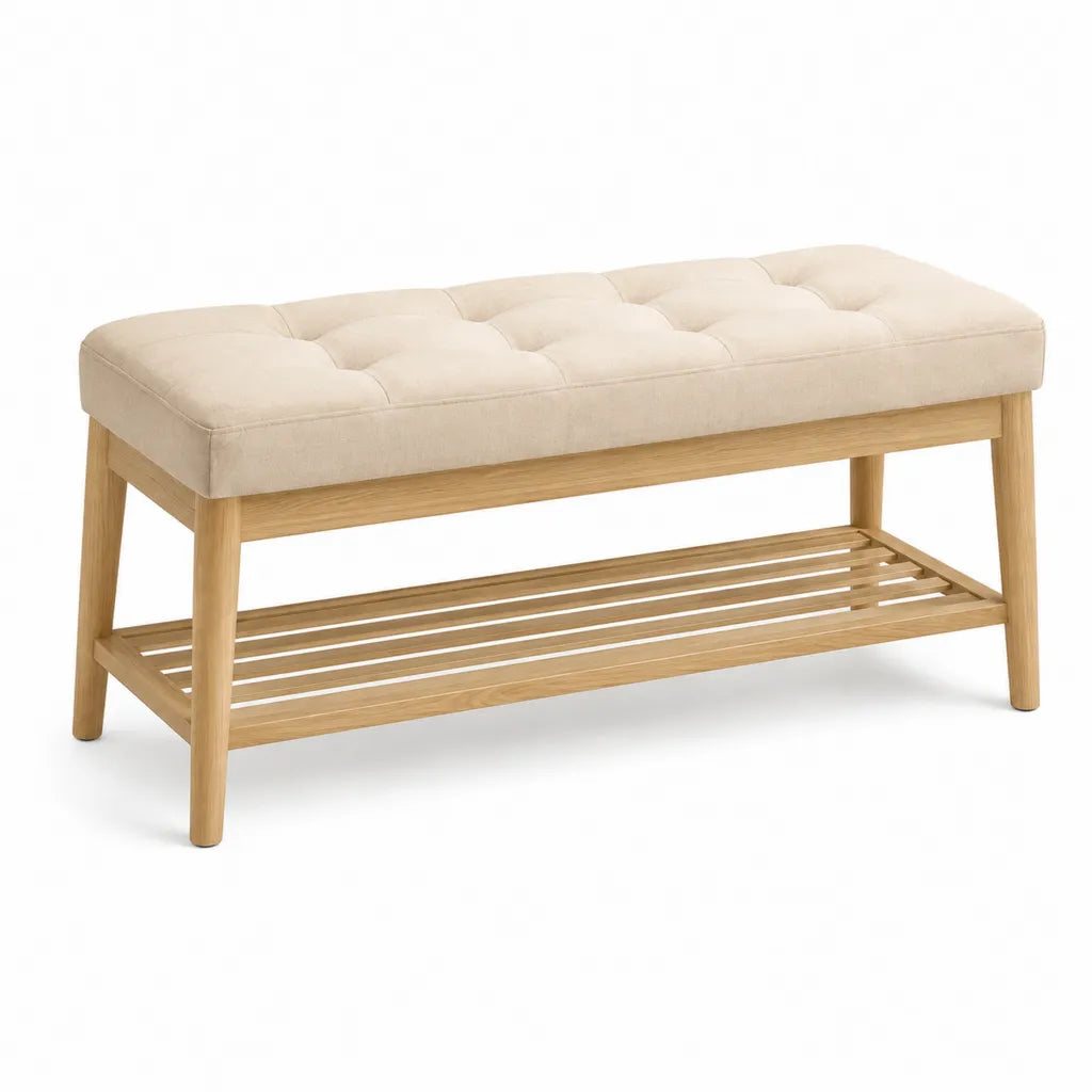 Banc de bout de lit capitonne avec etagere 100 x 40 x 45 cm en hetre massif beige naturel