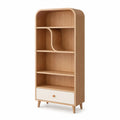 Bibliotheque a 4 niveaux avec tiroir en MDF plaque chene forme arquee chene naturel et blanc 80 x 35 x 180 cm