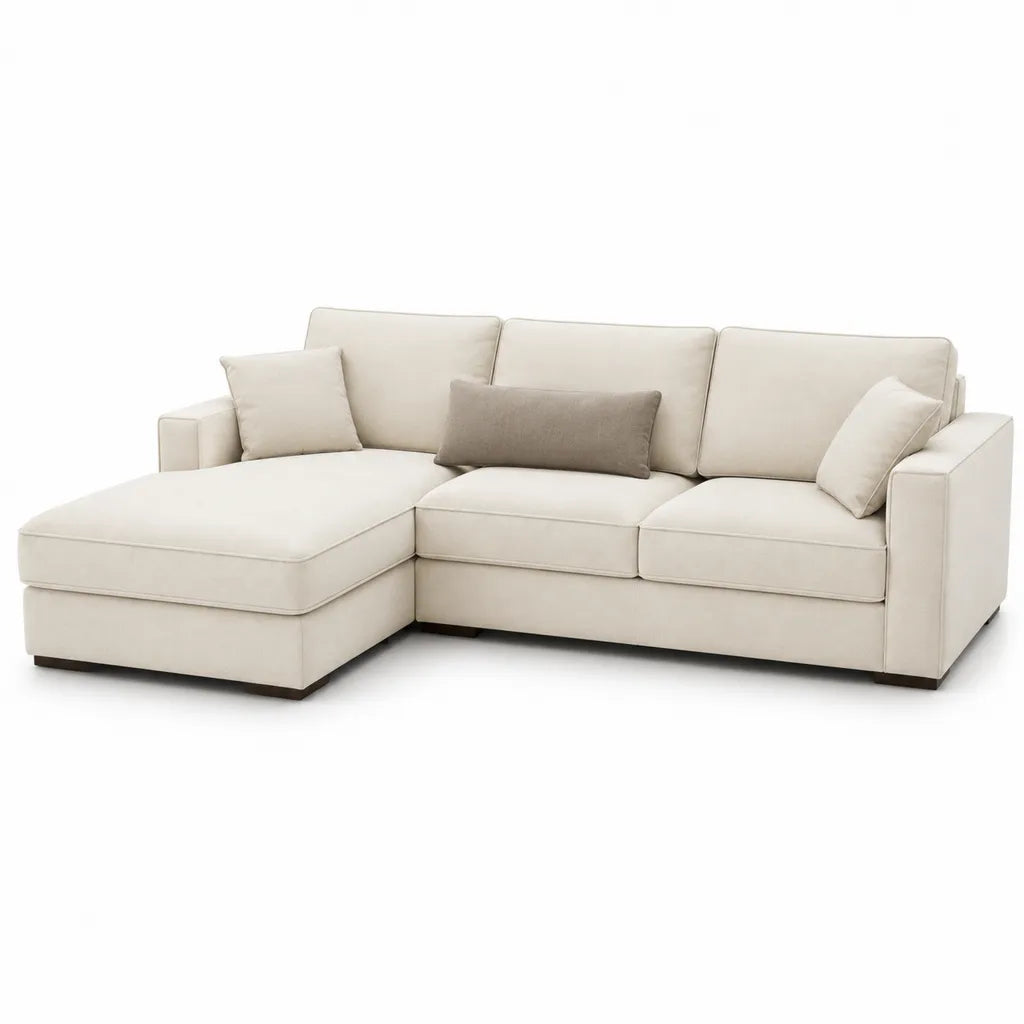 Canape d'angle gauche 3 places avec meridienne en polyester blanc casse 260 x 160 x 85 cm