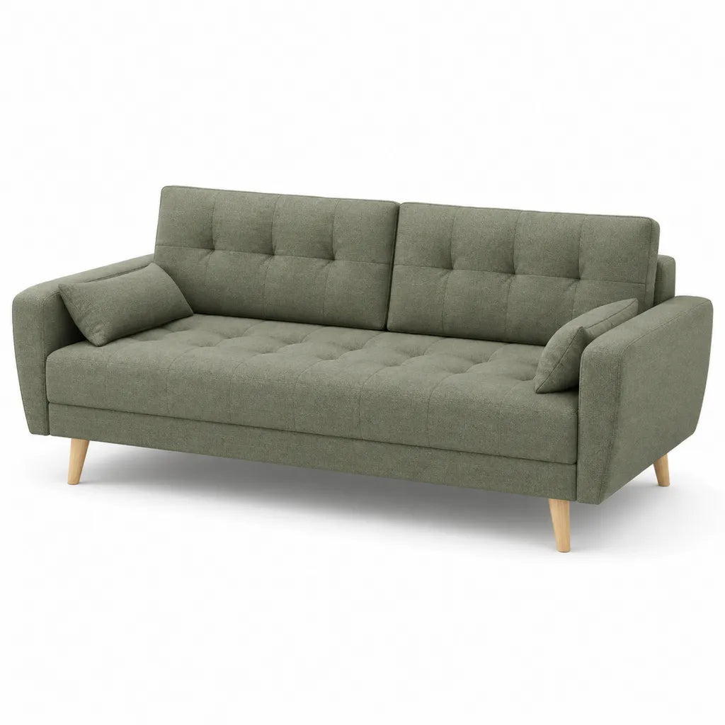 Canape 3 places 210 x 88 x 86 cm en polyester vert kaki avec pieds en hetre massif