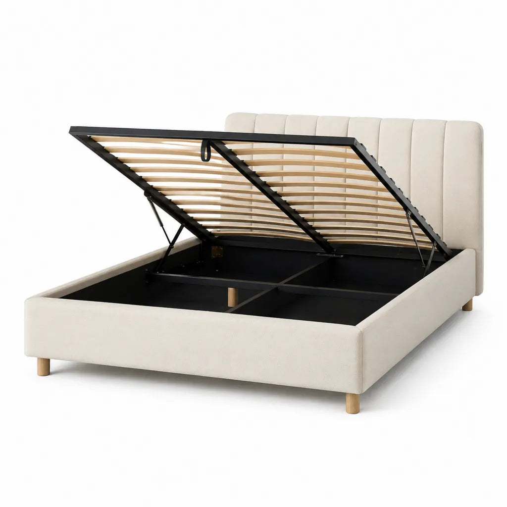 Lit coffre 160 x 200 cm en polyester beige avec sommier a lattes et tete de lit capitonnee