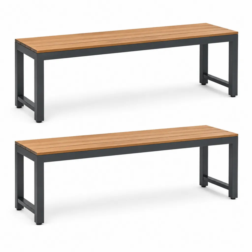Lot de 2 bancs de jardin en bois massif d'acacia et acier noir 180 x 35 x 45 cm
