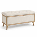 Banc coffre de lit capitonne 100 x 40 x 45 cm en polyester ecru et bois massif naturel