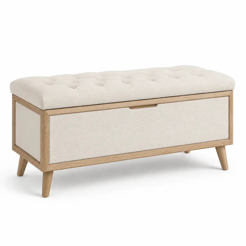 Banc coffre de lit capitonne 100 x 40 x 45 cm en polyester ecru et bois massif naturel