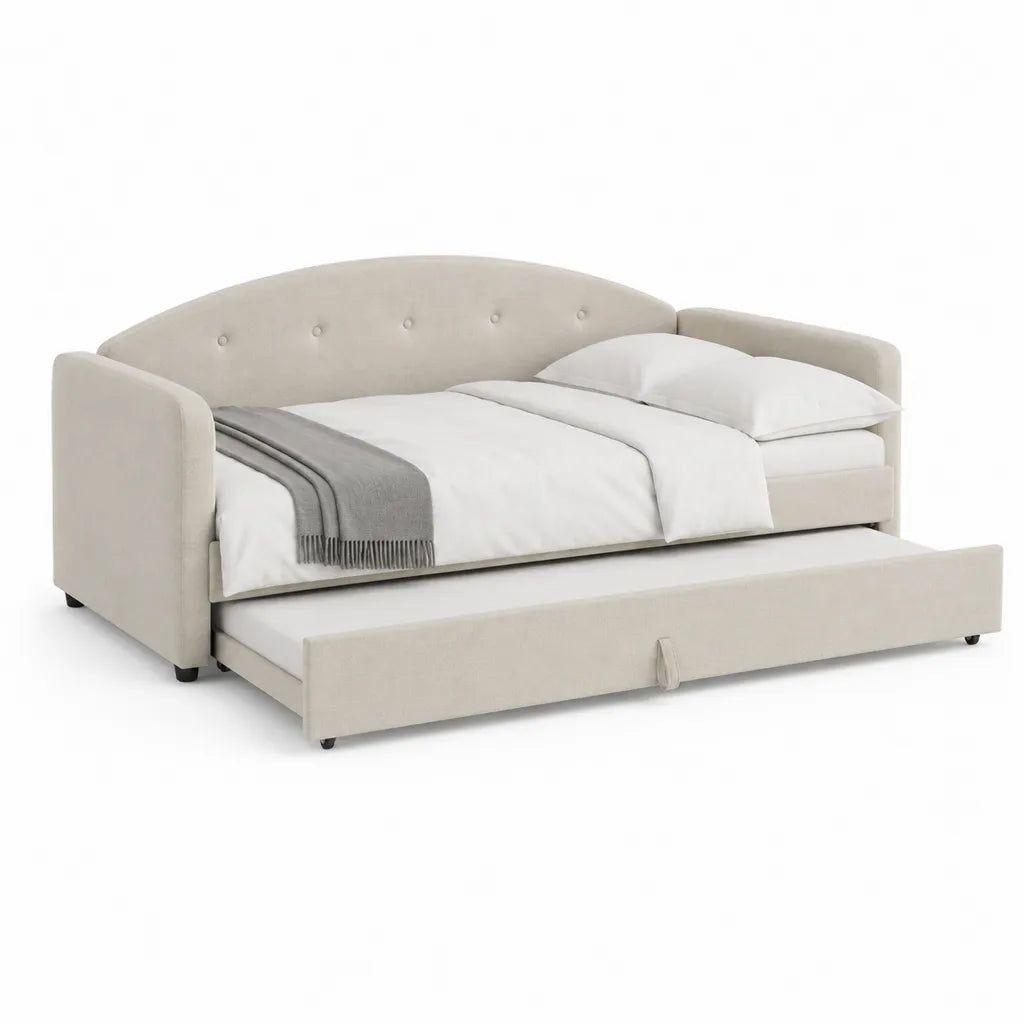 Canape-lit gigogne 90 x 190 cm en polyester beige avec dossier capitonne