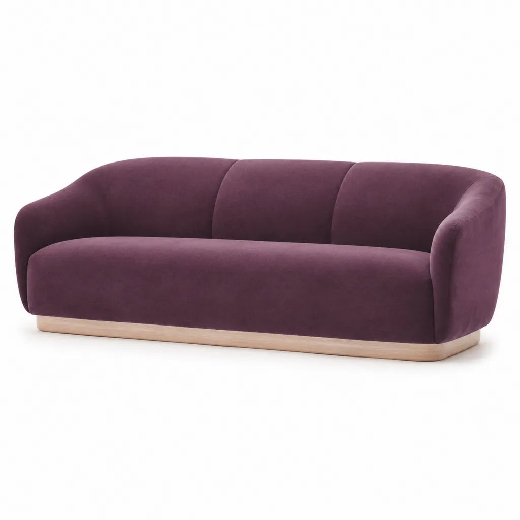 Canape 3 places en velours polyester violet forme arrondie 220 x 90 x 76 cm