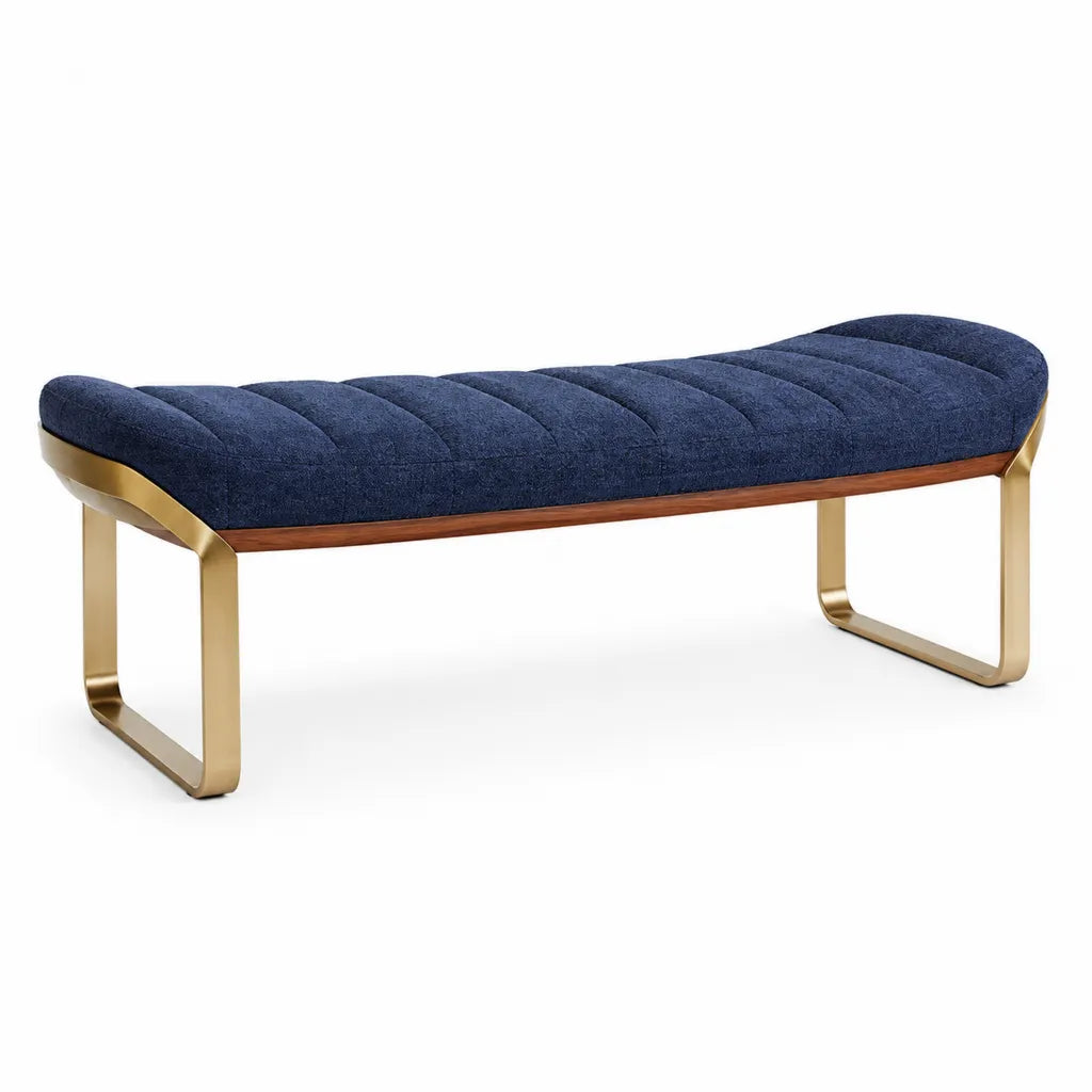 Banc de bout de lit capitonne rectangulaire 120 x 40 x 46 cm en polyester bleu avec structure en acier inoxydable dore