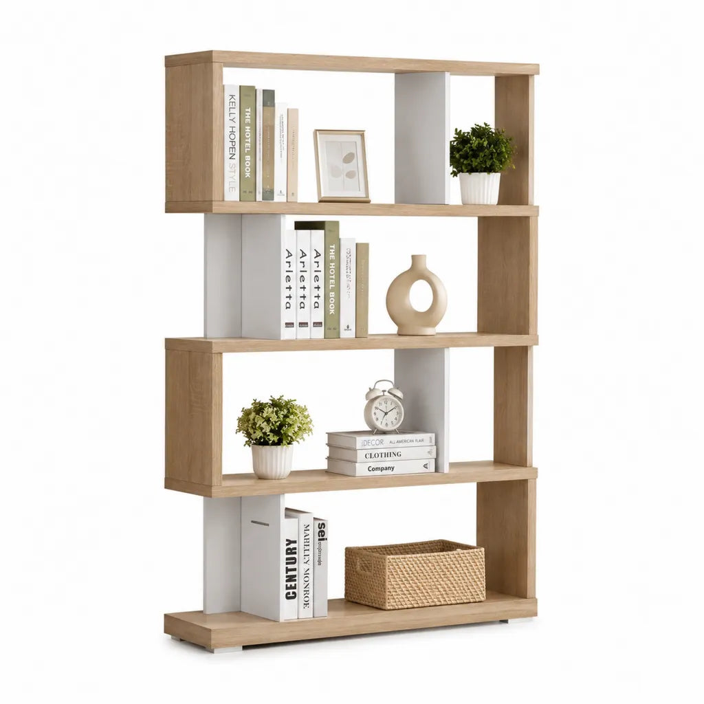 Bibliotheque ouverte 4 etageres en panneaux de particules melamines chene clair et blanc 80 x 30 x 160 cm
