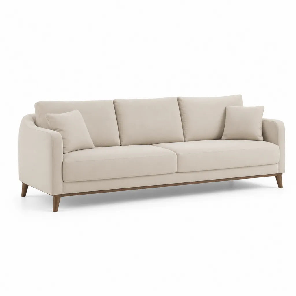 Canape droit 3 places 220 x 90 x 85 cm en polyester beige avec pieds en bois massif