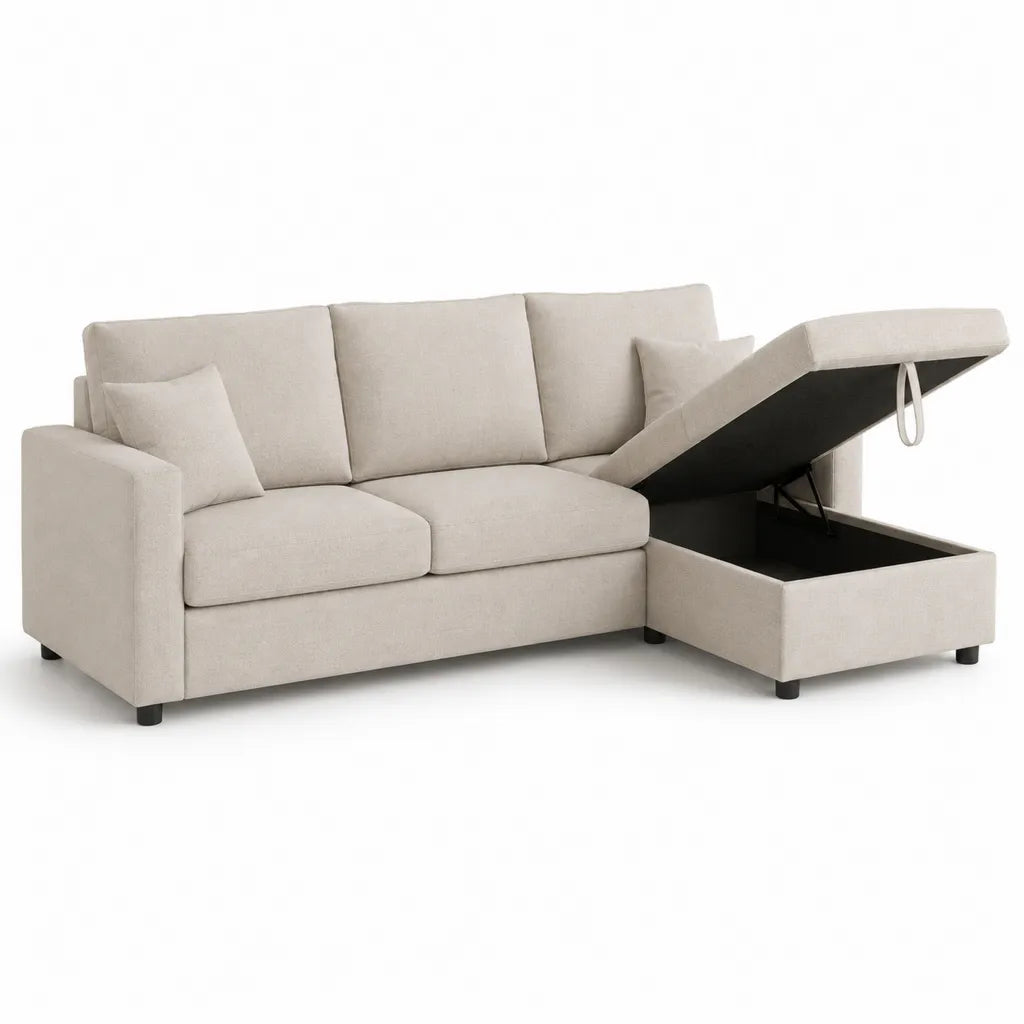 Canape d'angle droit 3 places avec coffre de rangement en polyester beige 240 x 145 x 85 cm