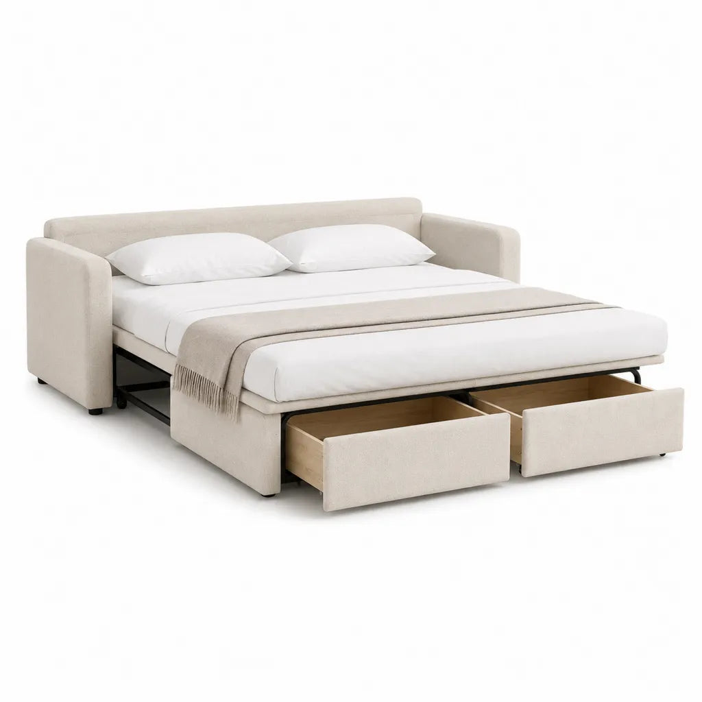 Canape-lit droit 160 x 200 cm avec 2 tiroirs revetement polyester beige