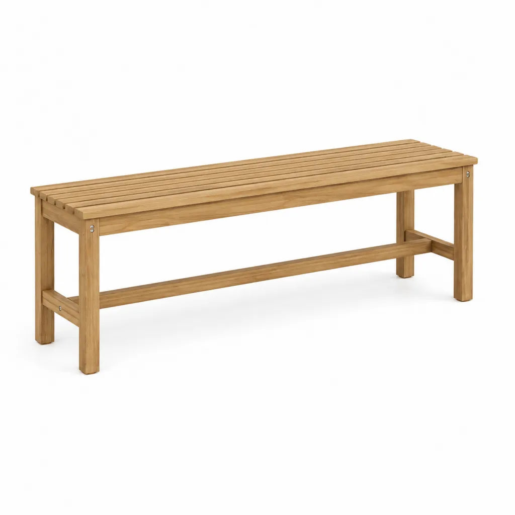 Banc de jardin en bois massif de teck a lattes rectangulaire naturel 150 x 35 x 45 cm