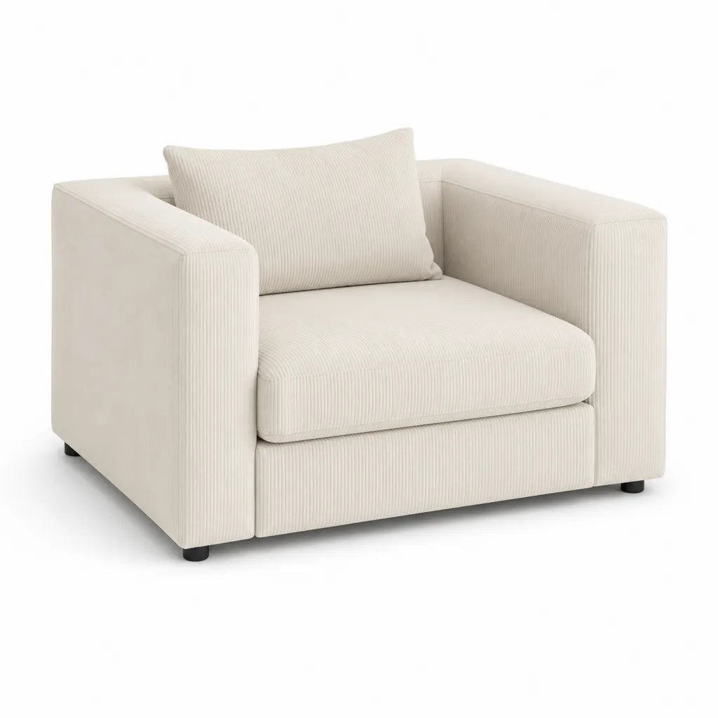 Fauteuil de salon carre en velours cotele de polyester ecru 102 x 90 x 78 cm