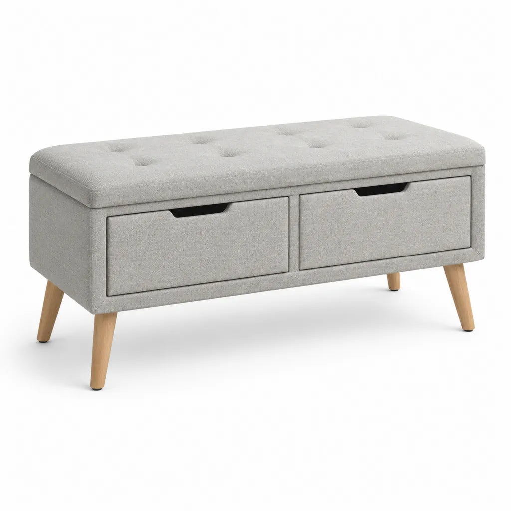 Banc coffre de lit capitonne avec 2 tiroirs en polyester gris 100 x 40 x 45 cm