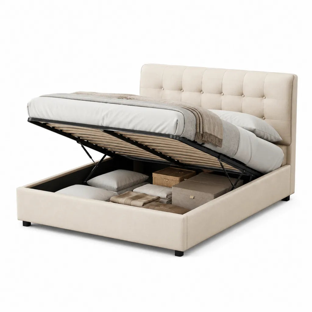 Lit coffre 160 x 200 cm en polyester beige avec tete de lit capitonnee rectangulaire